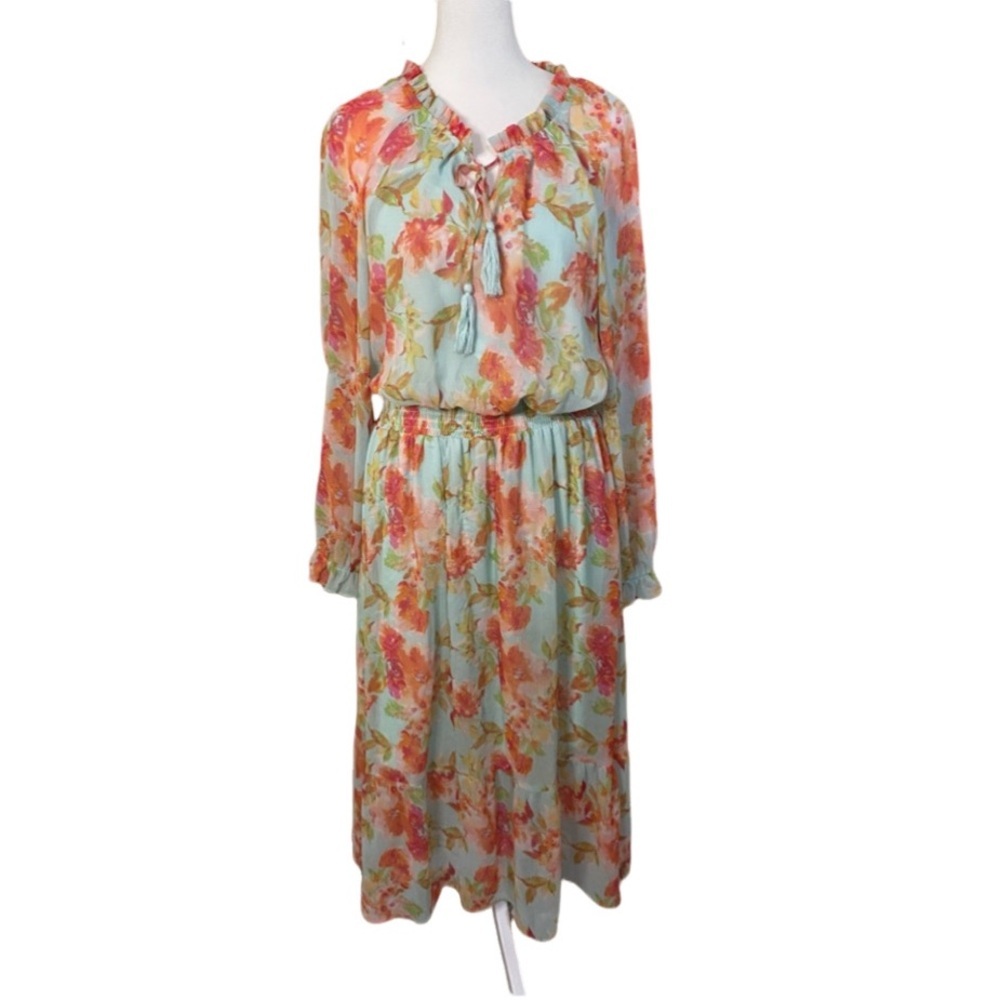 Adyson Parker Floral Print Long Sleeve Women's Lined Dress. Size M. Tassels.